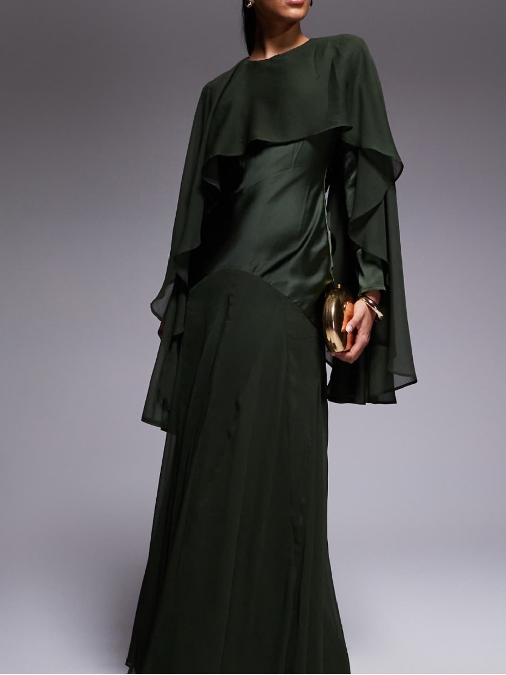 ASOS Cape Detail Ruffle Chiffon Satin Mix Maxi Dress in Dark Green